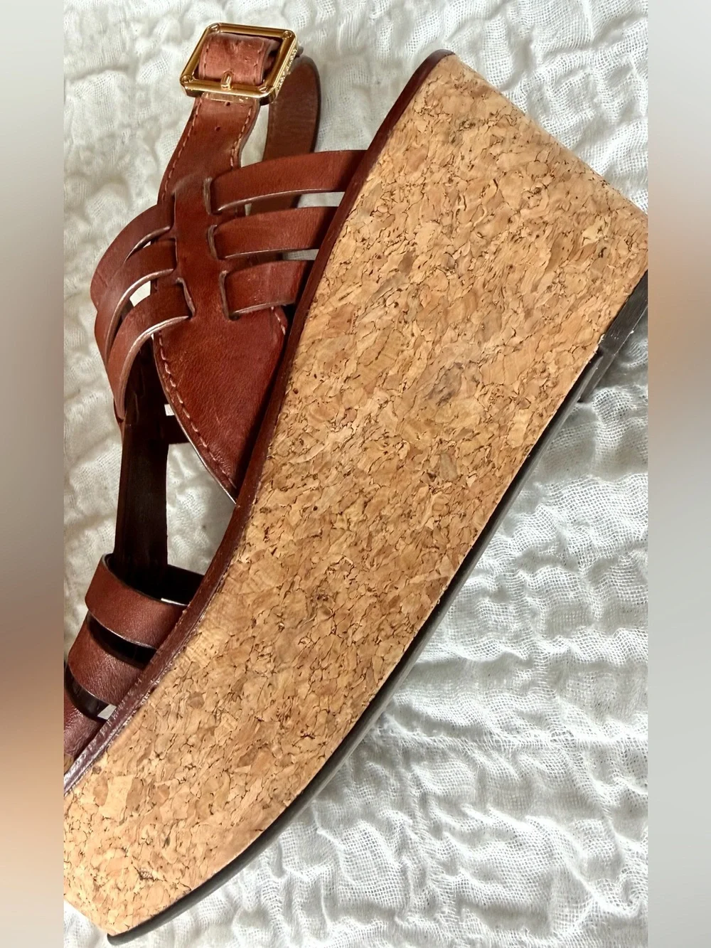 Tory Burch Leather Ace Cork Wedge Sandal Size 8
